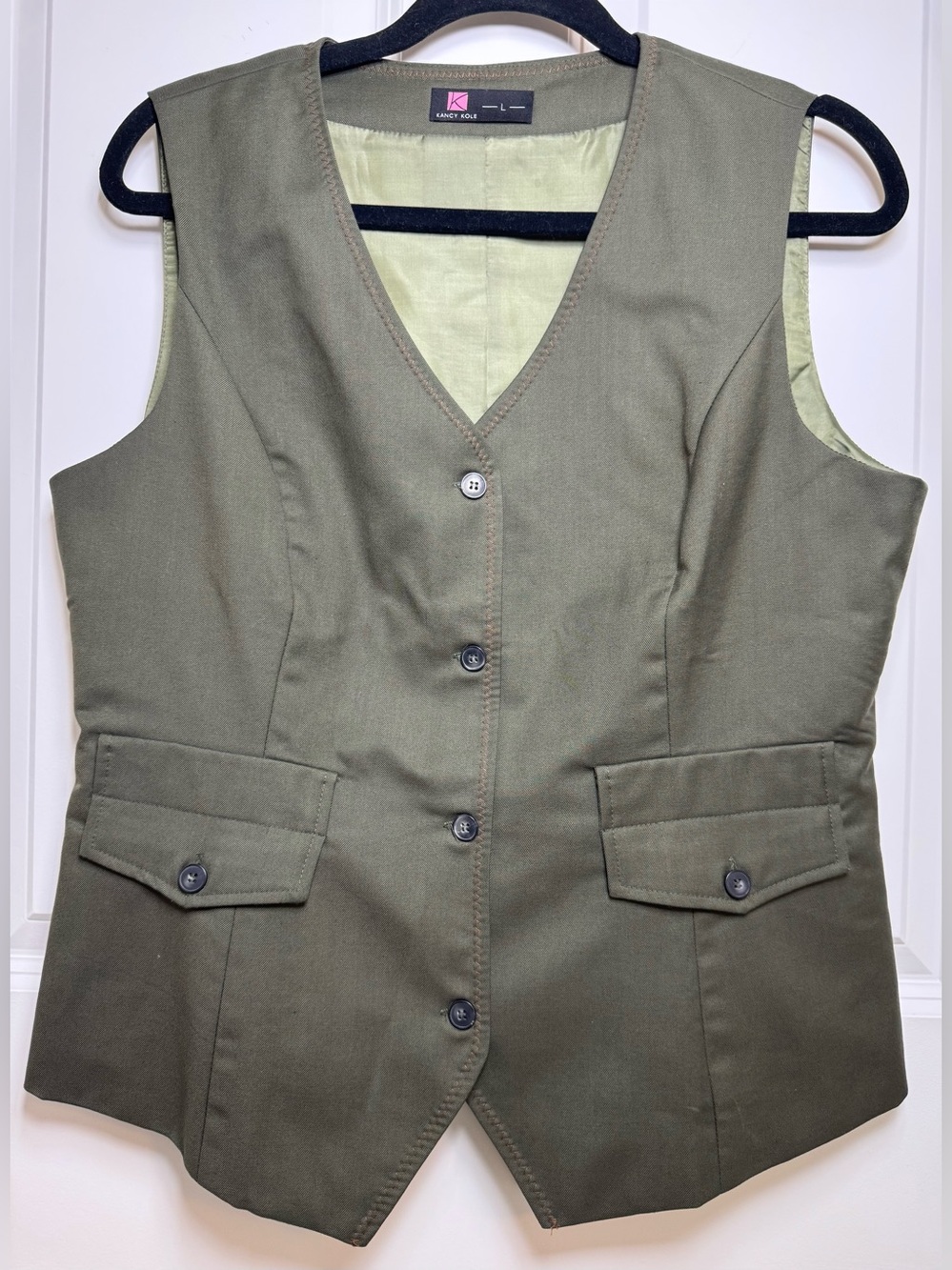 Kancy Kole Olive Green Utility Vest Button Front Tailored Waistcoat Size Large